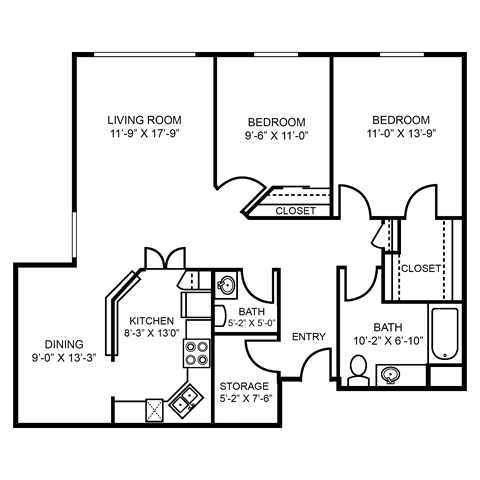 Floor plan for 2 beds, 1.5 baths, 1119 sqft